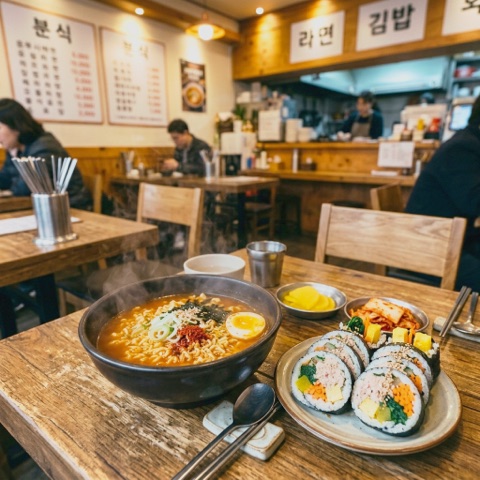 Gimbap and ramyeon on a snack-bar table