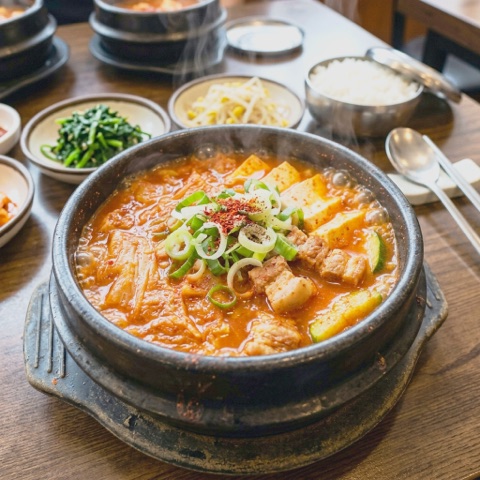 Pork kimchi stew bubbling in an earthenware pot, with side dishes