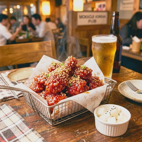 A basket of sweet and spicy fried chicken with a draft beer