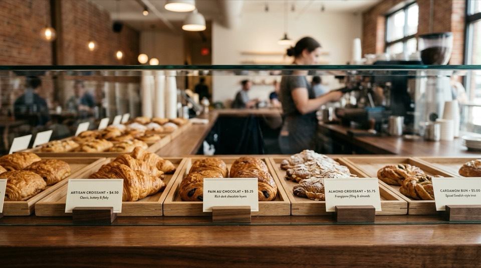 Show cards standing in front of each tray in a bakery case