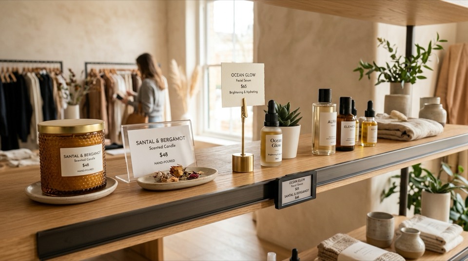 Show cards in a shelf-edge rail, a clip stand and an acrylic stand