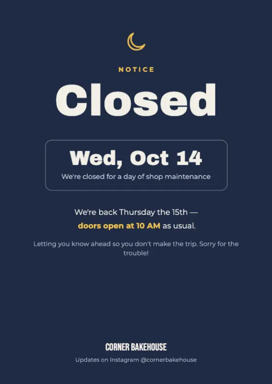 Temporary closure notice preview