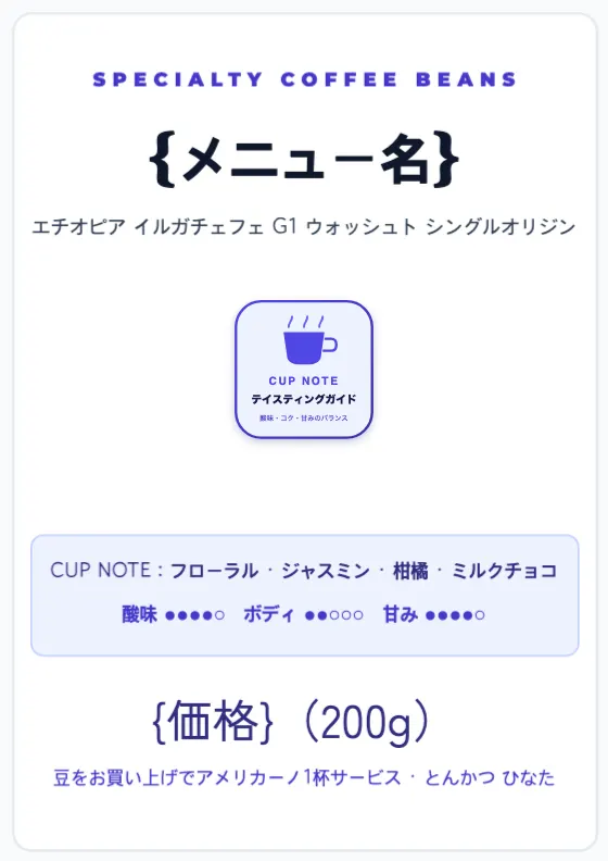 カフェ 珈琲豆テイスティングカードのプレビュー